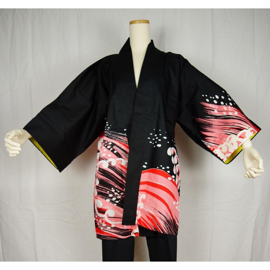 法被 半纏 半被 半天 袢天 (黒/ピンク) 綿100% 波柄 祭り 衣装 大祭