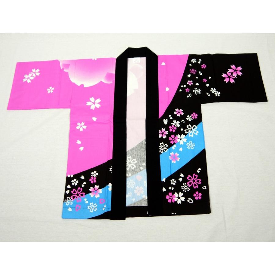 子供 法被 半纏 半被 半天 袢天 (ピンク/黒) 綿100% 桜柄 祭り 衣装