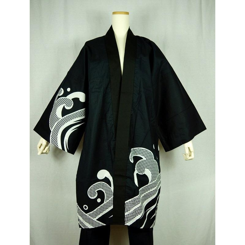 法被 半纏 半被 半天 袢天 特大サイズ (黒/白) 綿100% 波柄 祭り 衣装