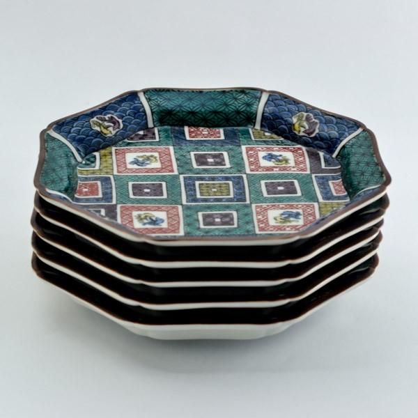 九谷焼 八角皿 石畳の図 5.5号 5枚セット ( 木箱名入れ有料 退職祝い