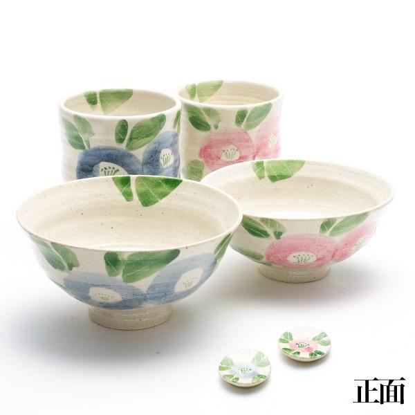 九谷焼 夫婦茶碗 夫婦湯呑 椿文 箸置付 セット ( 木箱名入れ有料 初任
