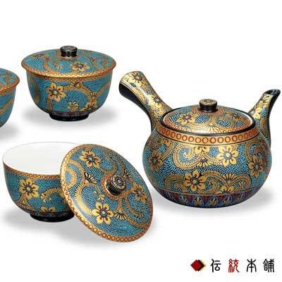 九谷焼 蓋付茶器セット 青粒鉄仙文 ( 木箱名入れ有料 茶器セット 急須