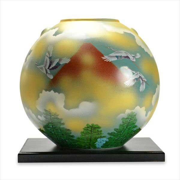 九谷焼 花瓶 赤富士に鶴 7号 ( 木箱名入れ有料 木札名入れ有料 花器