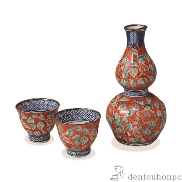お預け酒器 赤濃牡丹唐草 徳利1個・ぐい呑2個 ( 名入れ有料 酒器 日本酒 冷酒 プレゼント 人気 清水焼 京焼 結婚 出産 内祝い 引き出物 )