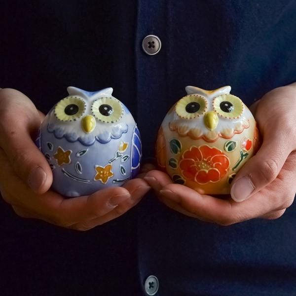 ビルマ手作り漆器ふくろうの小物入れ2個セット 九谷焼 仲良しふくろう 盛 2.5号 ペア 専用木箱入り ( ふくろう 盛