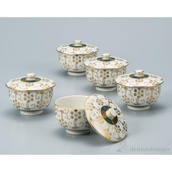 茶道具 京焼 清閑寺窯 杉田祥平造 染付 棯文 汲出碗 五客 共箱 V 7251