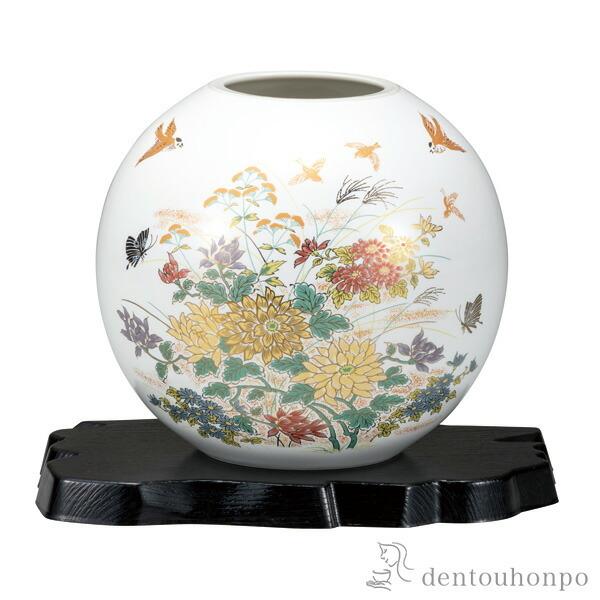 花瓶 金菊花に雀 5.5号 台付 ( 木札名入れ有料 初任給 プレゼント 母の日 ガラス フラワーベース 花器 一輪挿し おすすめ 九谷焼 周年 創立 上場 竣工 )