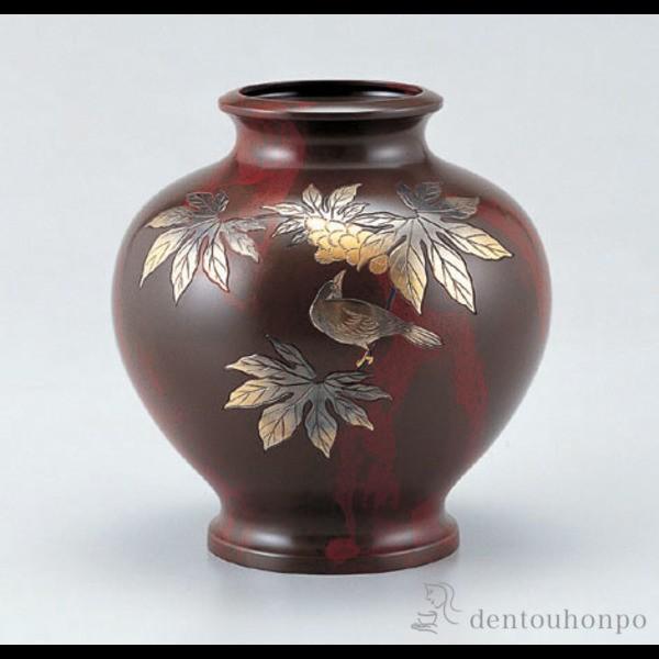 銅製花瓶 壷 楓に鳥 ( 木札名入れ有料 花瓶 フラワーベース 花器 仏間 おすすめ 高岡銅器 周年 創立 上場 竣工 開店 事務所移転 開業 プレゼント お祝い )