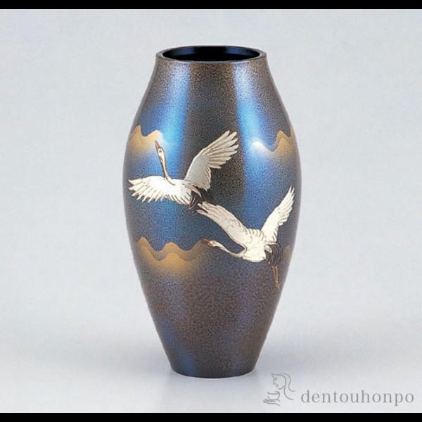 銅製花瓶 広口砲形 双鶴 ( 木札名入れ有料 花瓶 フラワーベース 花器 仏間 おすすめ 高岡銅器 周年 創立 上場 竣工 開店 事務所移転 開業 プレゼント お祝い )