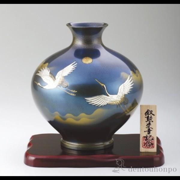 銅製花瓶 福丸型 鶴 花台（並板）付き ( 木札名入れ有料 花瓶 フラワーベース 花器 仏間 おすすめ 高岡銅器 周年 創立 上場 竣工 開店 事務所移転 )