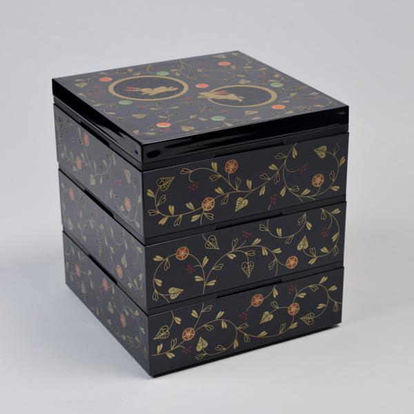 重箱 3段 うさぎ唐草 黒内朱 5寸／2〜3人用 シール蓋3枚付き ( あす