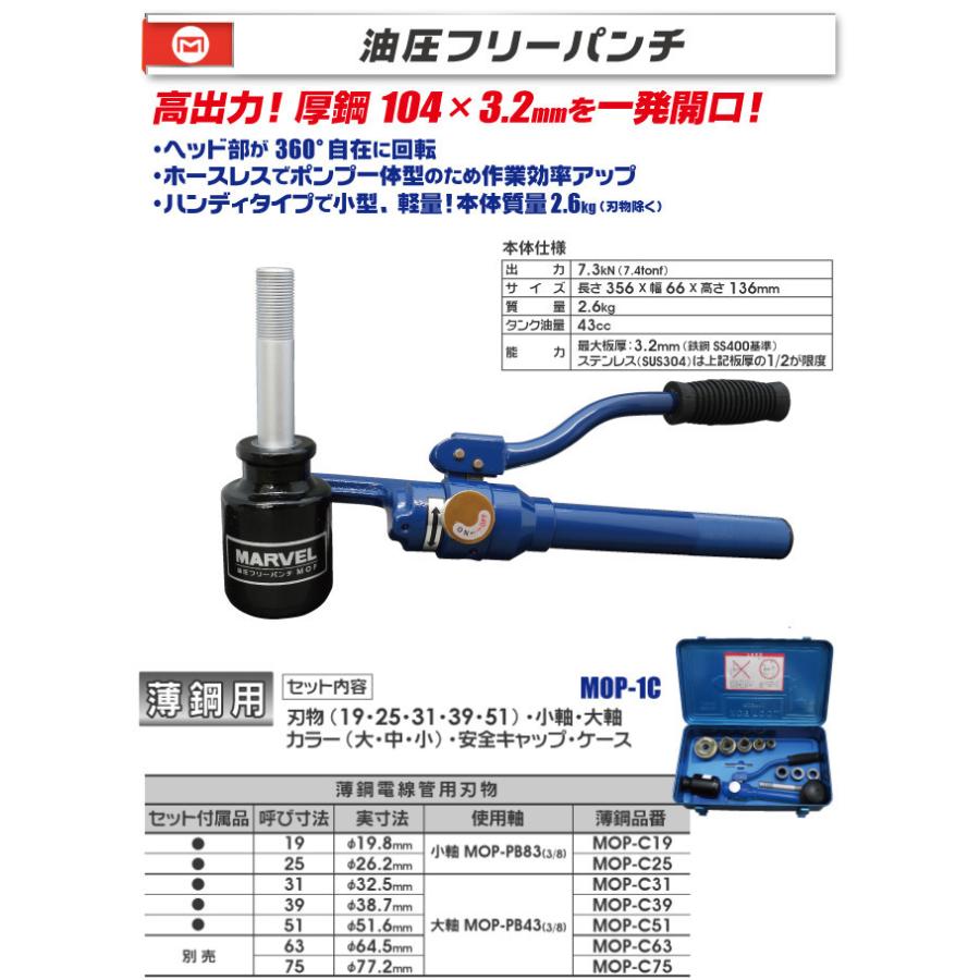 MARVEL マーベル 油圧フリーパンチ 薄鋼電線管用刃物セット MOP-1C 