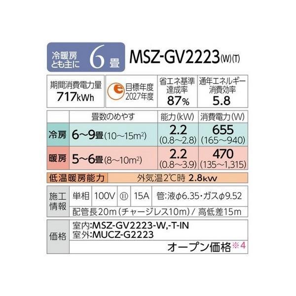 霧ヶ峰 【限定入荷！】MSZ-GV2223-W 三菱電機 GVシリーズ 6畳 シングル