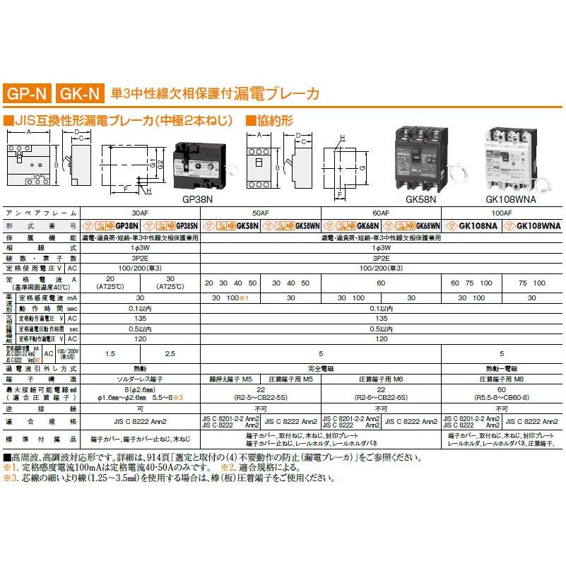 GK68WN 3P 60A F30 日東工業 単3中性線欠相保護付 漏電ブレーカ 協約形 プチパネル ホーム分電盤用 GK-N NITO