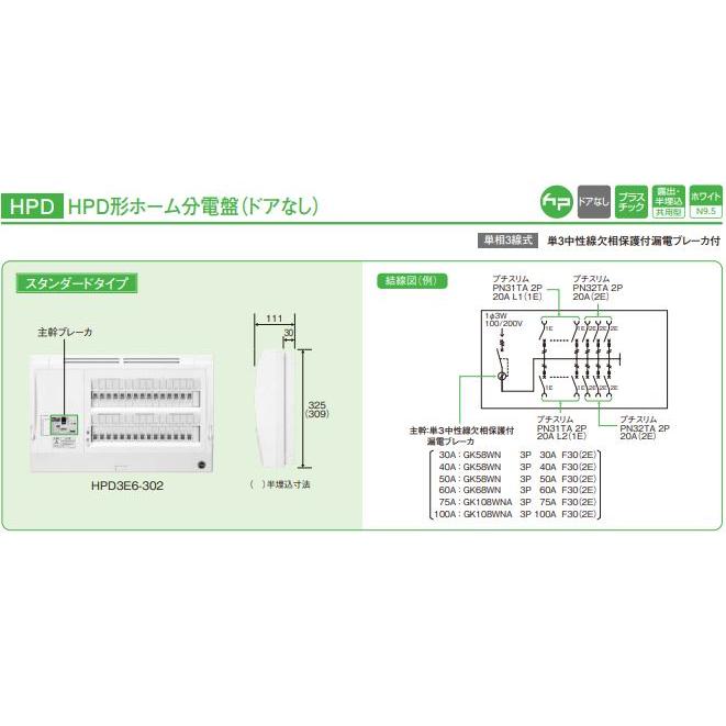 日東工業 HPD3E6-182 主幹60A ドアなし ホーム分電盤 露出 半埋込共有