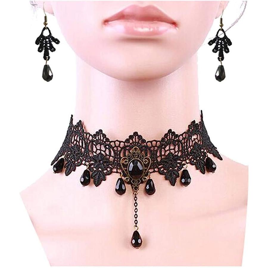 【並行輸入品】Charm.L Grace ブラックレース ゴシック ロリータ ペンダント チョーカー ネックレス イヤリングセット　