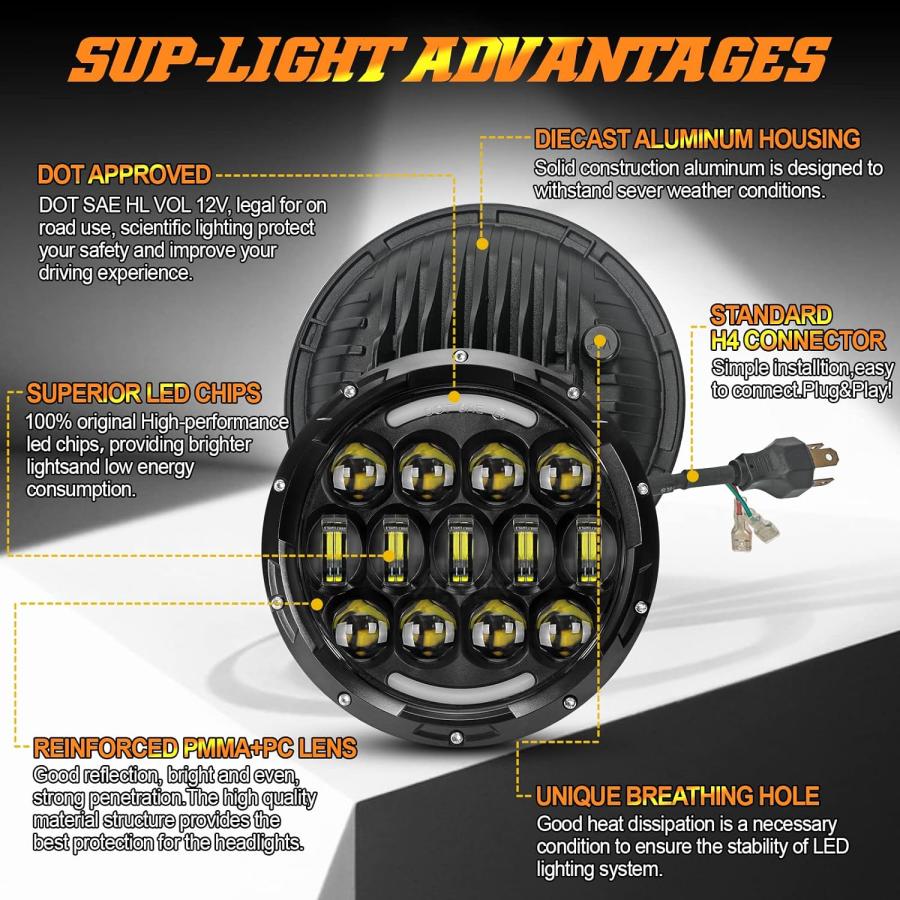 【並行輸入品】SUP-LIGHT 2個 105W 7インチ ラウンド LED ヘッドライト ホワイト/アンバー ウィンカー DRL ラングラー Jkの画像