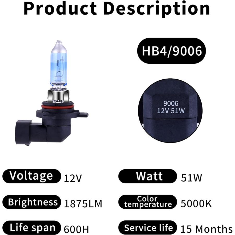 日本セール商品 9006 HB4 ハロゲンヘッドライト電球 スーパーホワイトライト付き P22D 12V/51W 5000K 2個パック 長寿命　並行輸入品