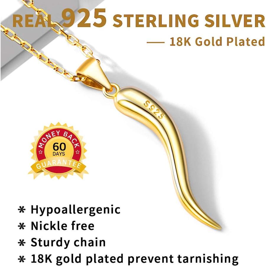 【並行輸入品】ChicSilver 925スターリングシルバー ラッキーイタリアンホーンペンダントネックレス お守りジュエリー 女性用 シルバー/ゴー_4