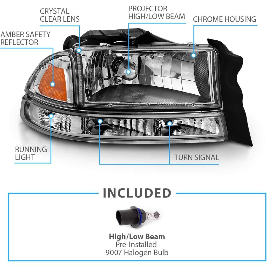【並行輸入品】AmeriLite Chrome Replacement Headlights Corner/Parking Sets For Dodg
