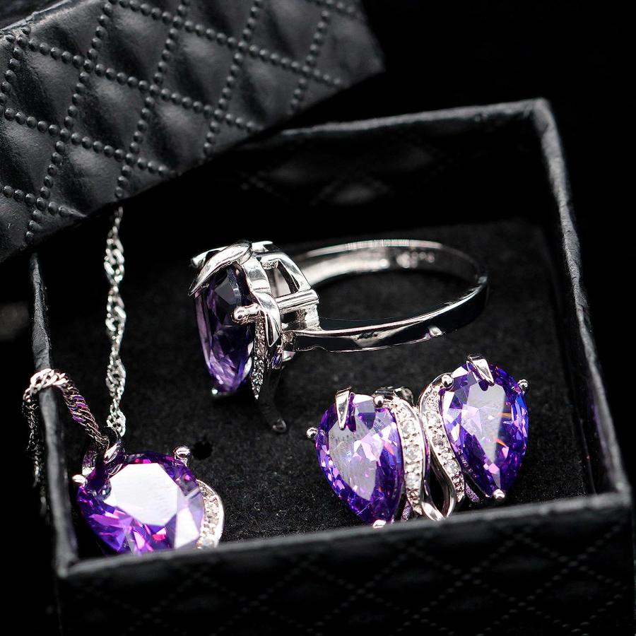 【並行輸入品】Uloveido レディースブルーファッションクリスタルドロップペンダントネックレス イヤリング リング ウェディングジュエリーセット