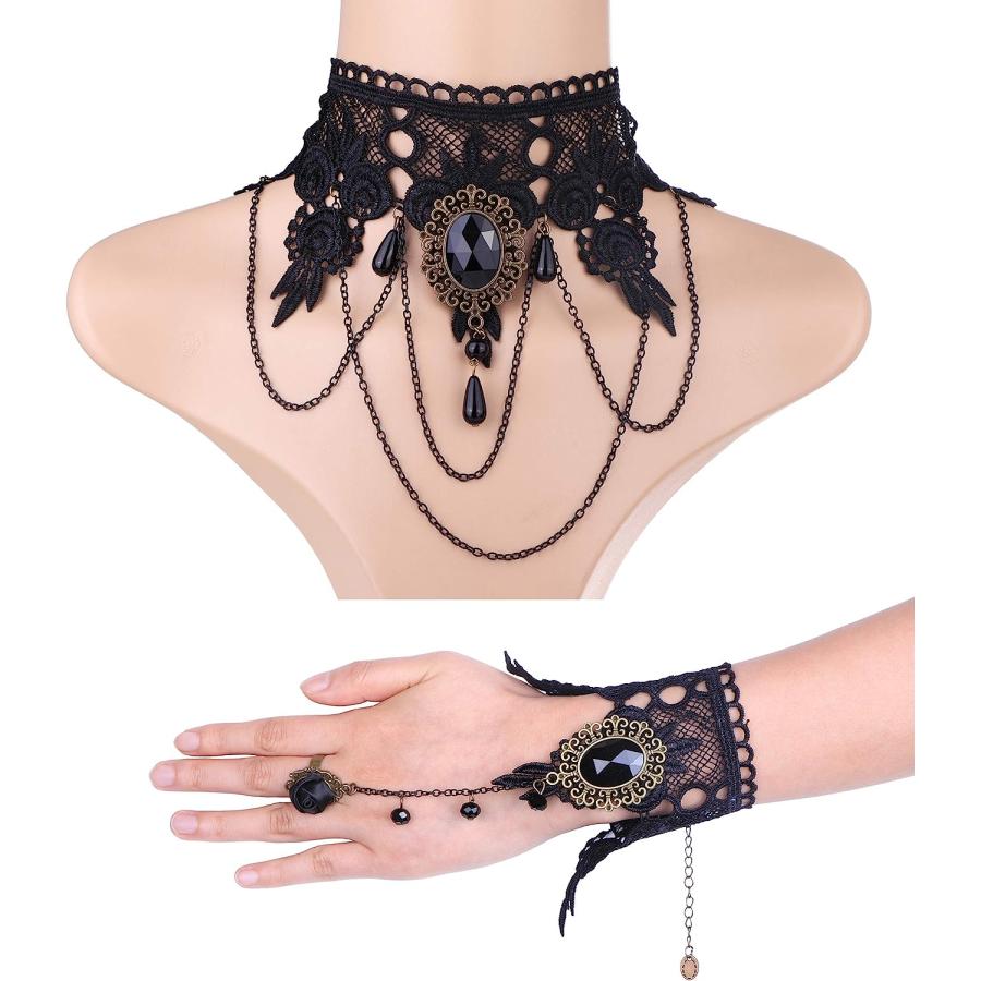 最終値下 FINREZIO Black Lace Necklace Long Fingerless Gloves and Pendant Earrings Set for Women Halloween Steampunk Wedding Party Mascarade Costume Jewelry