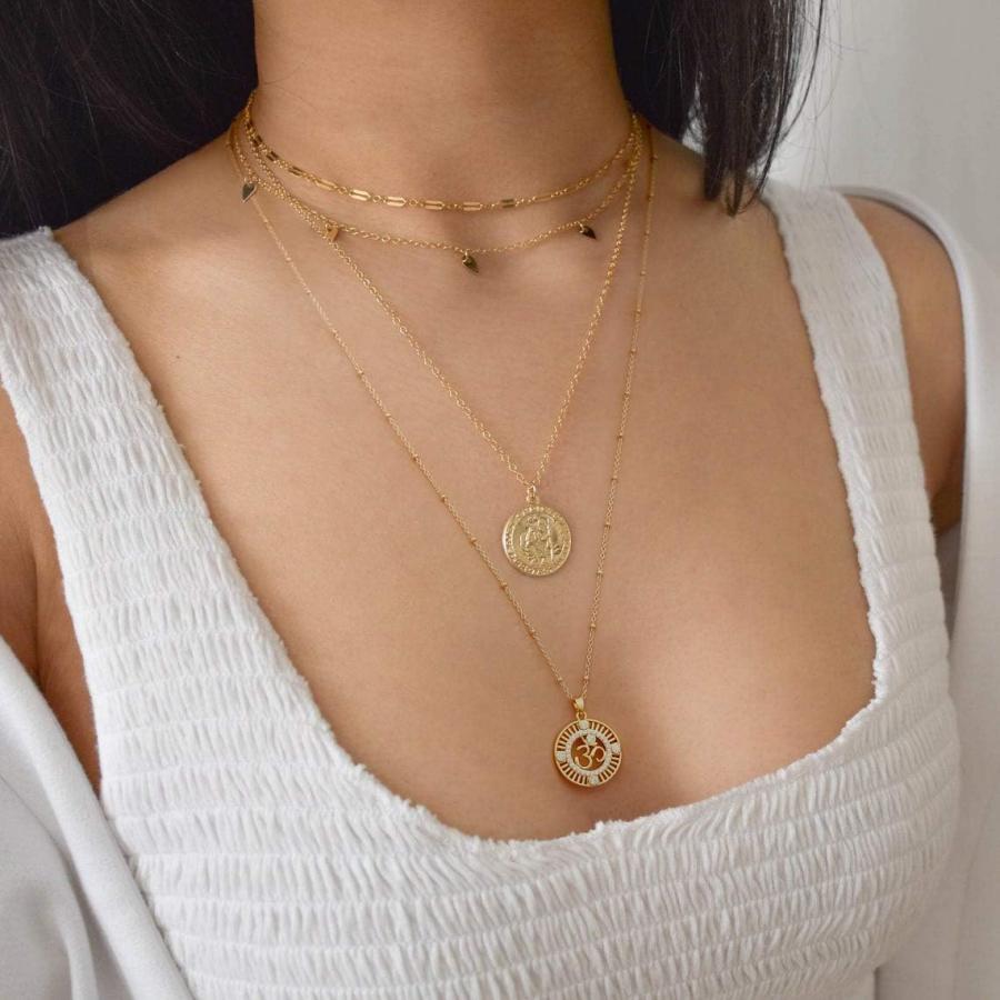 【並行輸入品】18K ゴールド 邪視 サンスクリット シンボル オーム ペンダント ネックレス ディスク サテライト ビーズチェーン ラッキーチャームの画像