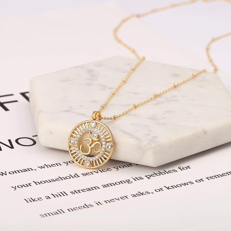 【並行輸入品】18K ゴールド 邪視 サンスクリット シンボル オーム ペンダント ネックレス ディスク サテライト ビーズチェーン ラッキーチャームの画像