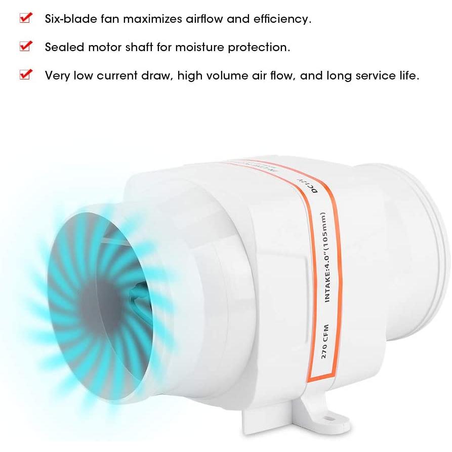 【並行輸入品】4インチ 270CFM ビルジ送風機 12V ホワイト インラインマリンDC電気ファン ボートアクセサリー 内蔵成形マウントブラケットの画像