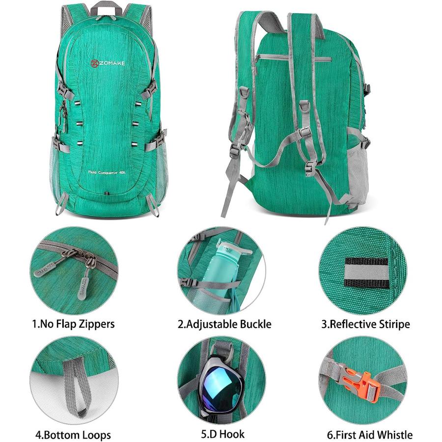 【並行輸入品】ZOMAKE 40L 軽量ハイキングバックパック ウェットポーチ付き 折りたたみ可能なデイパック 旅行 キャンプ アウトドアスポーツ用の画像