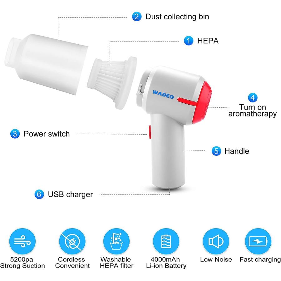 WADEO Cordless Vacuum Cleaner Car Vacuum Cleaner Handheld USB ...