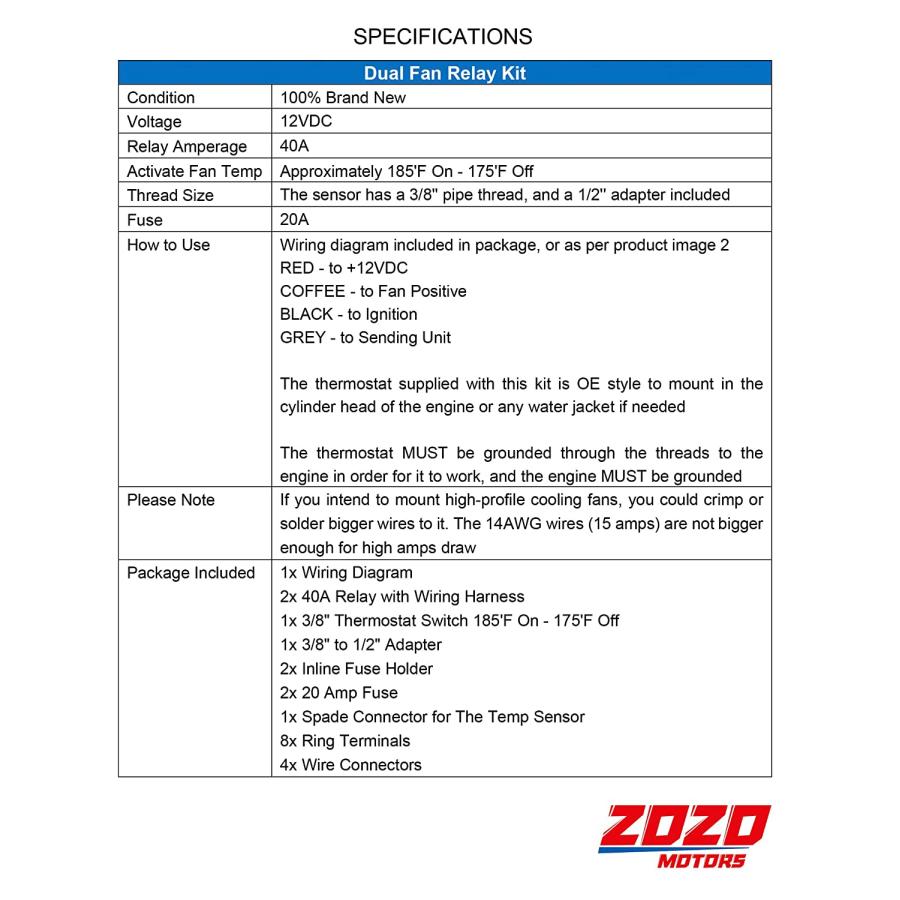 ZOZOMOTORS　デュアル電動ファンリレーキット　ラジエーター電気冷却ファンサーモスタットキット　温度センサースイッチ　185オン175オフ、40アンペア防水リレー