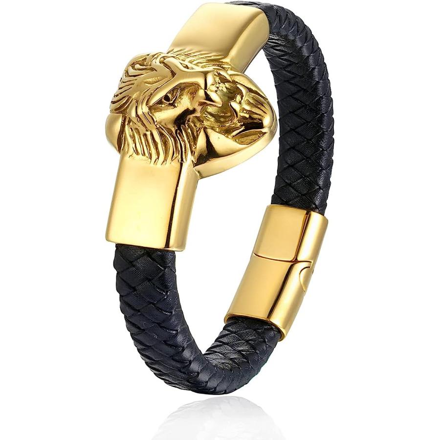 ゴールドカラー ライオンモチーフ バングル 並行輸入品】メンズ Roaring Lion Head ID識別 ブラック 編組レザー