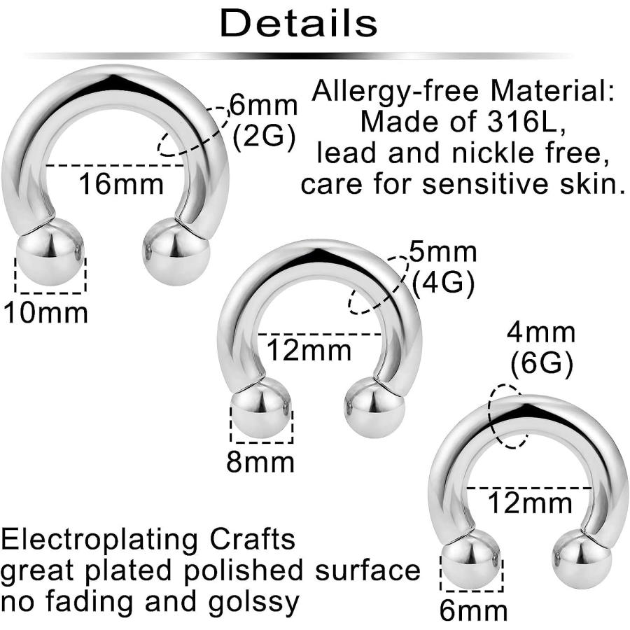 Ftovosyo イヤーゲージピアス 2G 4G 6G 8G 12G PAリング インターナルスレッドボール 蹄鉄バーベル 大きなセプタムリング サージカルスチール ピアス ボディ｜dep-dreamfactory｜02