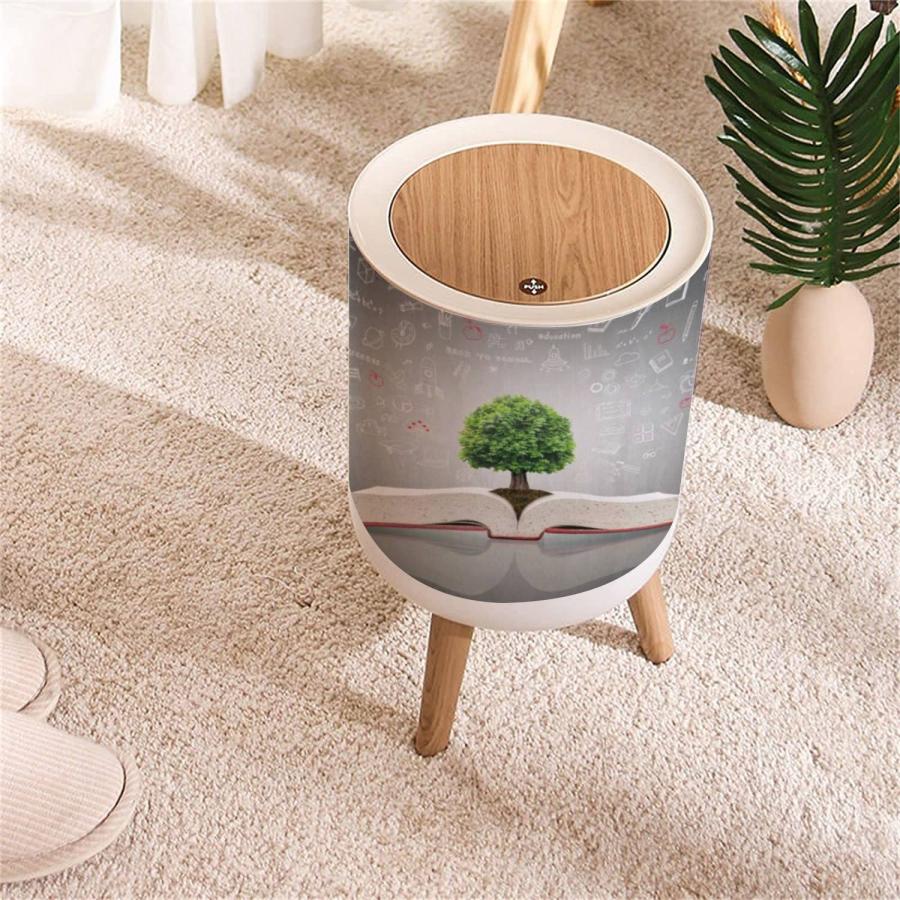 Small Round Trash Can Tree of Knowledge Growing on Open Textbook with Doodle for Educational Recycle Bins with Press Top Lid Dog Proof Wastebasket - 3