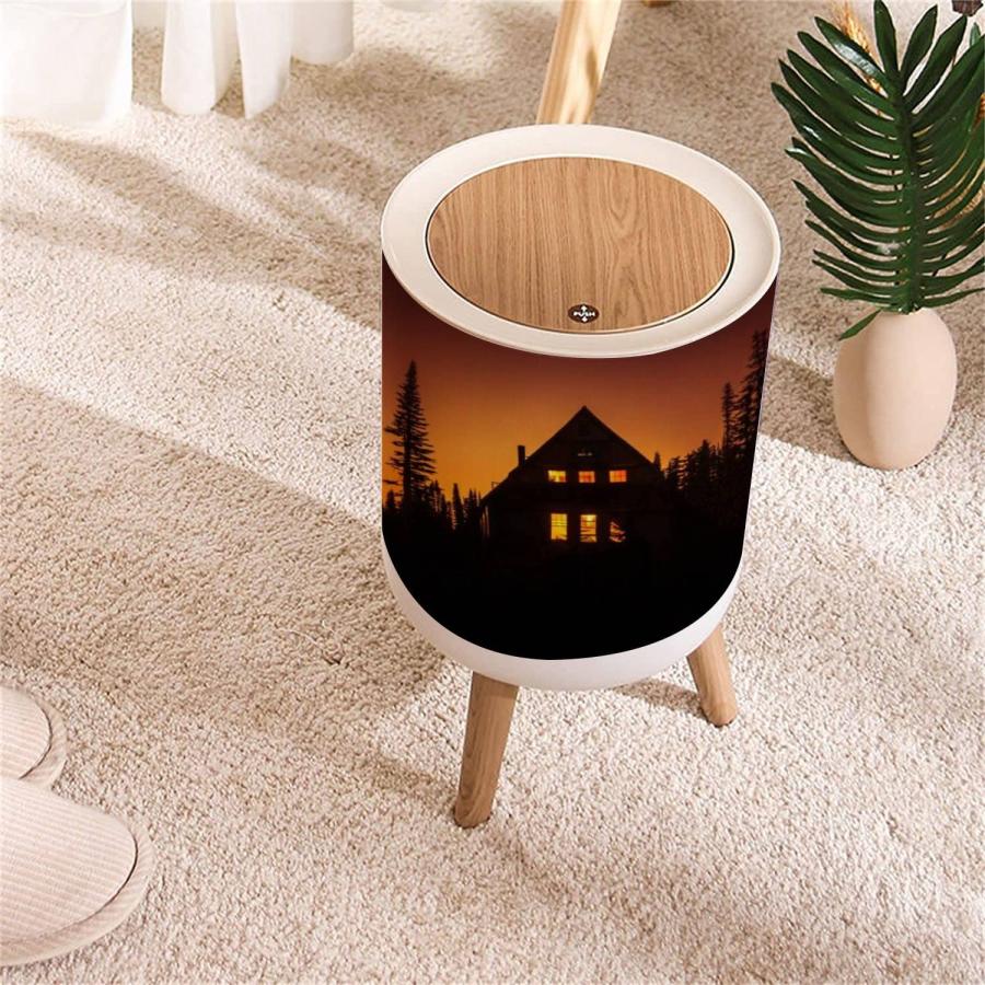 Small Trash Can with Lid Cabin in The Woods at Sunset Round Recycle Bin Press Top Dog Proof Wastebasket for Kitchen Bathroom Bedroom Office 7L 1.8 - 1