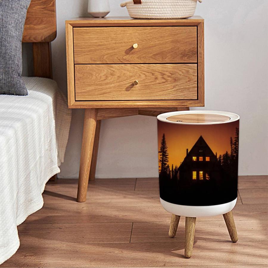 Small Trash Can with Lid Cabin in The Woods at Sunset Round Recycle Bin Press Top Dog Proof Wastebasket for Kitchen Bathroom Bedroom Office 7L 1.8 - 3