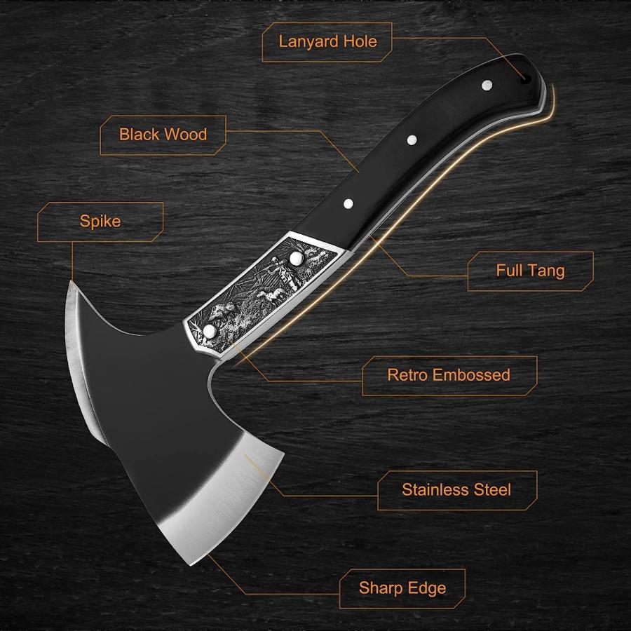 GVDV Camping Hatchet  12” Full Tang Survival Axe with Sheath  Forged Carbon Steel Tactical Tomahawk Axe with Spike  Shock Reduction Wood Grip  Vik｜dep-dreamfactory｜03