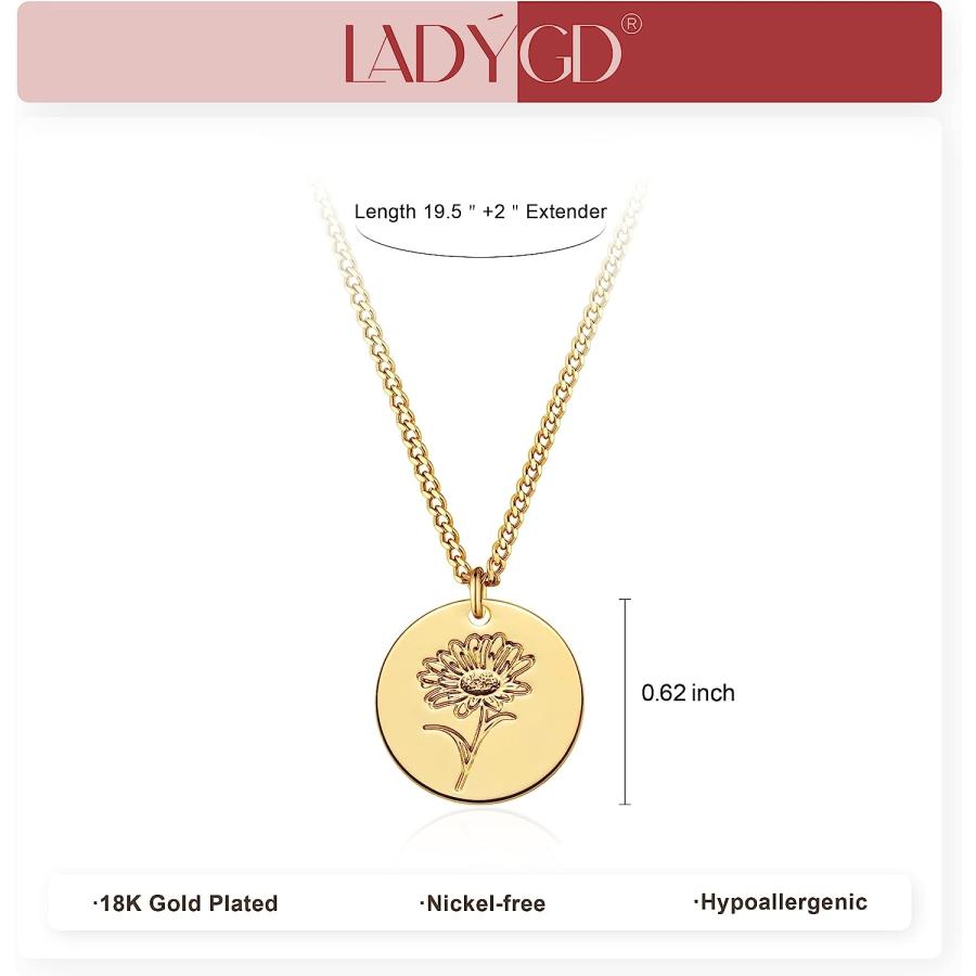 LADYGD Birth Flower Necklace 18K Gold Plated Birth Month Flower Necklaces Disc Cuban Birthday Jewelry Gifts for Women Girls 12 Month 19.5inch Daisy｜dep-dreamfactory｜04