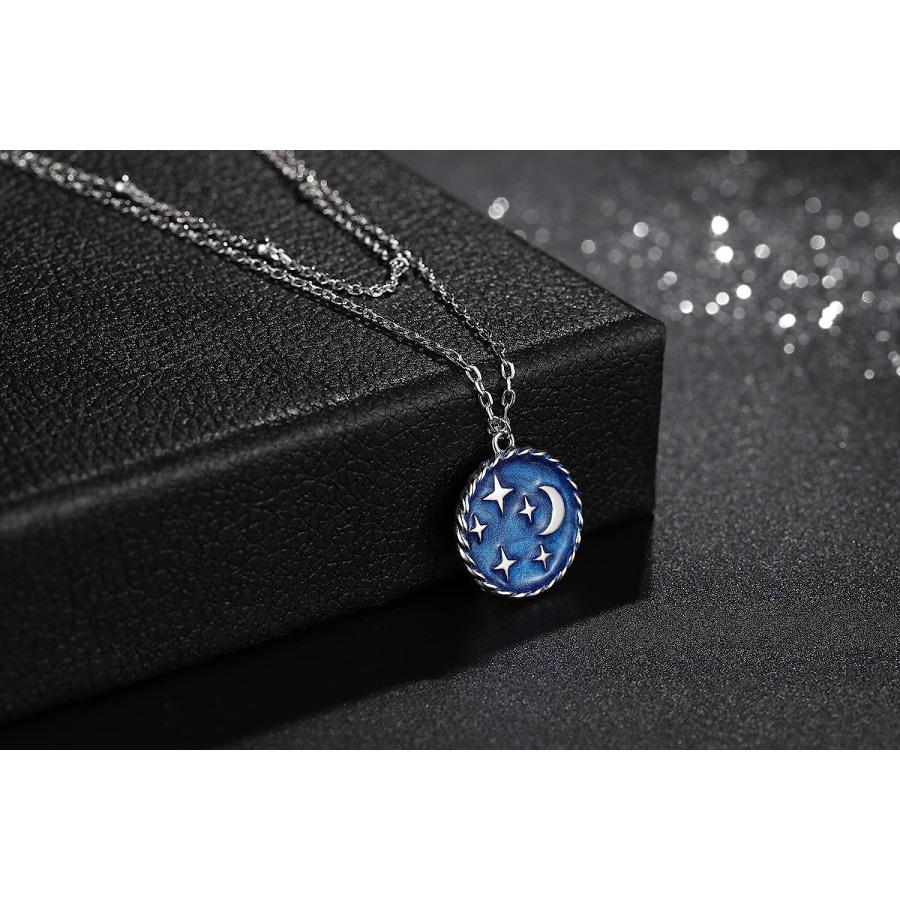 【並行輸入品】Moon Stars Layered Necklace for Women 925 Sterling Silver Blue Ename