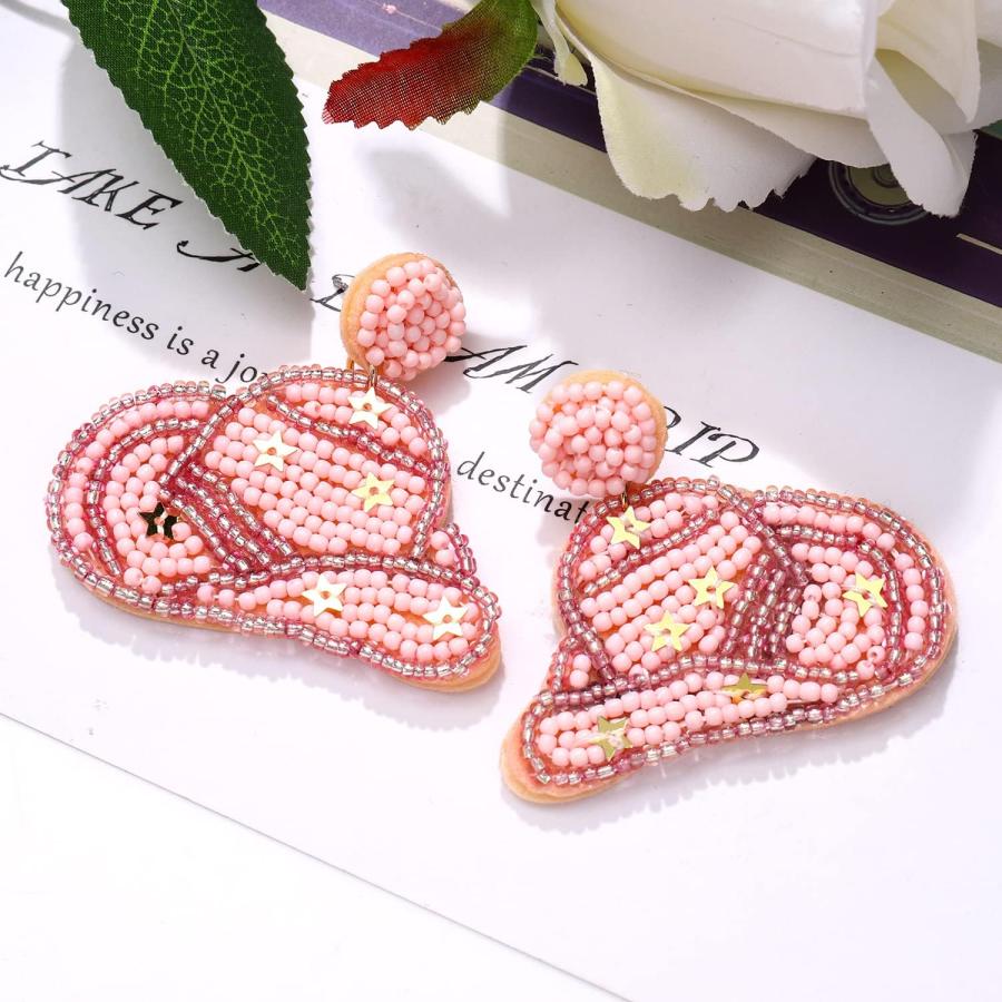 【並行輸入品】Beaded Cowboy Hat Earrings Rhinestone Bride Western Cowgirl Hat Earr_2