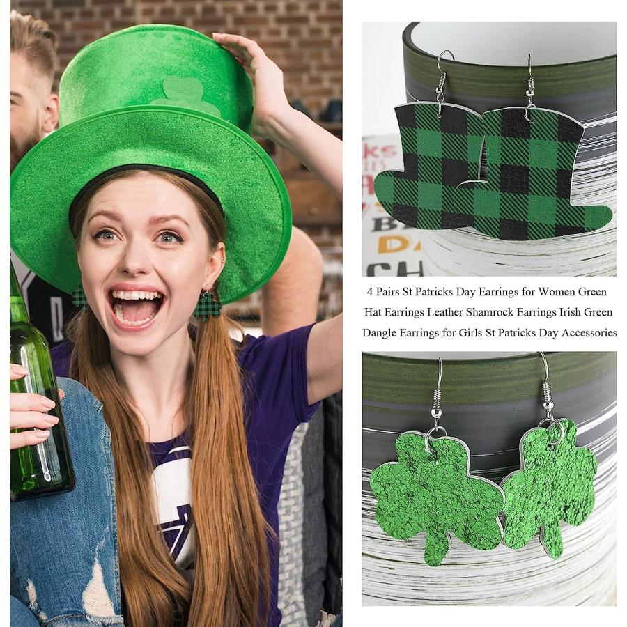 日本売れ済 4 Pairs St Patricks Day Earrings for Women Green Hat Earrings Leather Shamrock Earrings Irish Green Dangle Earrings for Girls St Patricks Day Acces