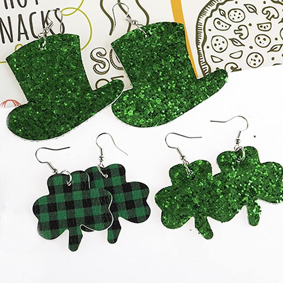 日本売れ済 4 Pairs St Patricks Day Earrings for Women Green Hat Earrings Leather Shamrock Earrings Irish Green Dangle Earrings for Girls St Patricks Day Acces