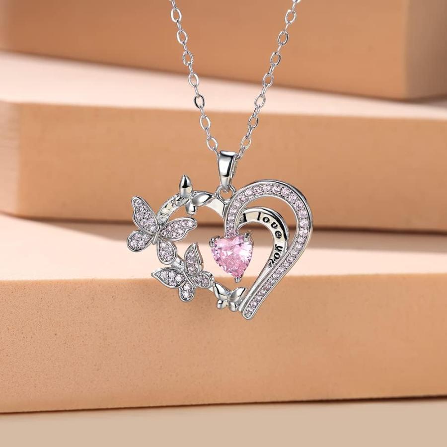 【並行輸入品】OPALead ハートバタフライペンダントネックレス 925スターリングシルバー サファイア ルビー ダブルハートネックレス 女性へのギの画像