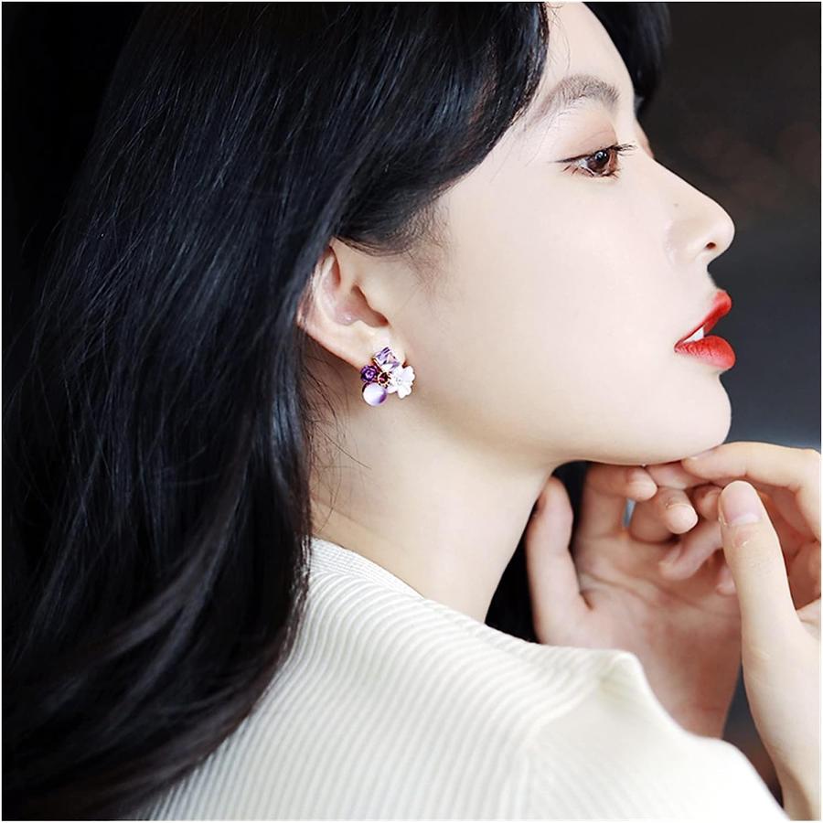 【並行輸入品】ステートメントイヤリングパープルクリスタルフラワースタッドピアス女性ファッションジュエリーウェディングパーティーアクセサリードロップダン_2