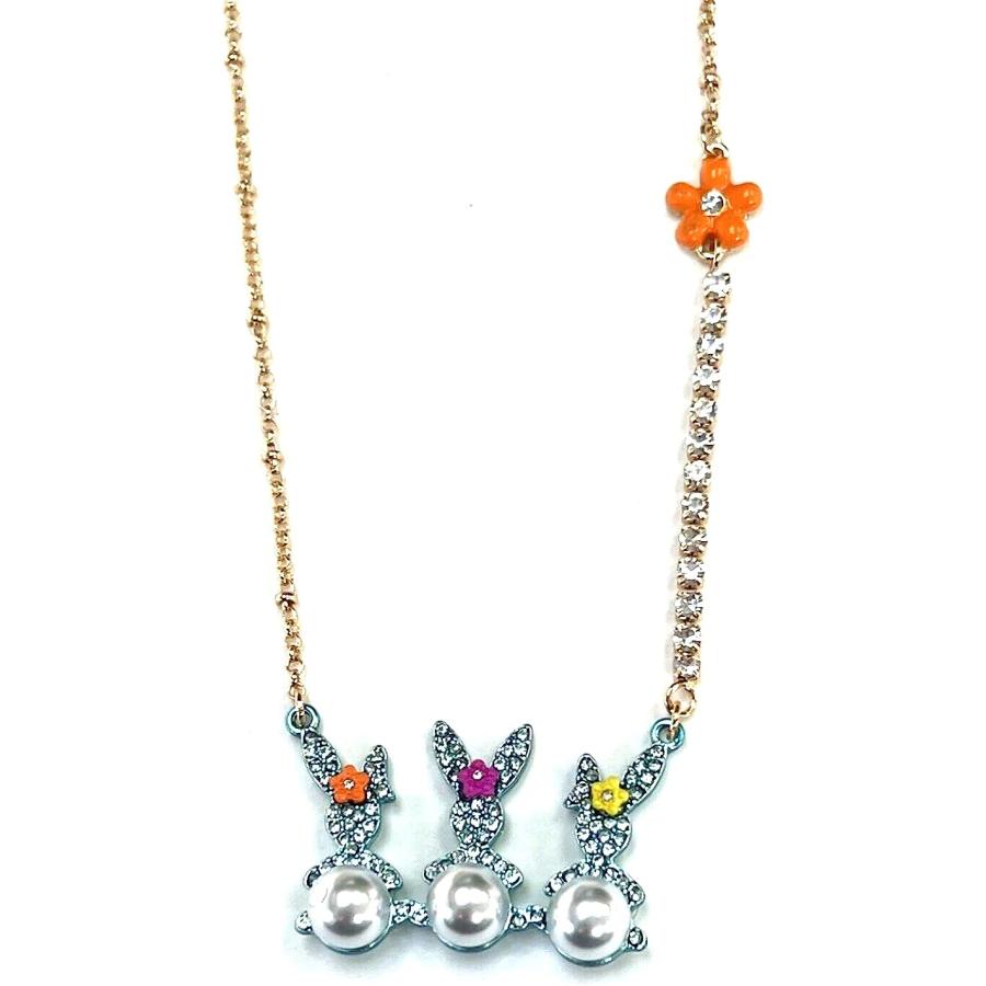 【並行輸入品】Betsey Johnson ゴールドトーン ブルークリスタル バニーテール トリオ フェイクパール フラワーネックレス イースターギフ_6