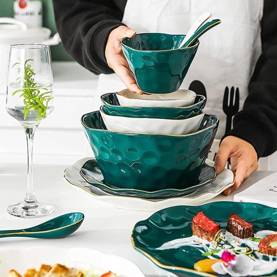 DREANNI Dinner Set for Family Party  Hotel Restaurant  52 Pcs Dinnerware Sets  Nordic Style Tableware Set with Plates Dish and Bowls  Green White C｜dep-dreamfactory｜04