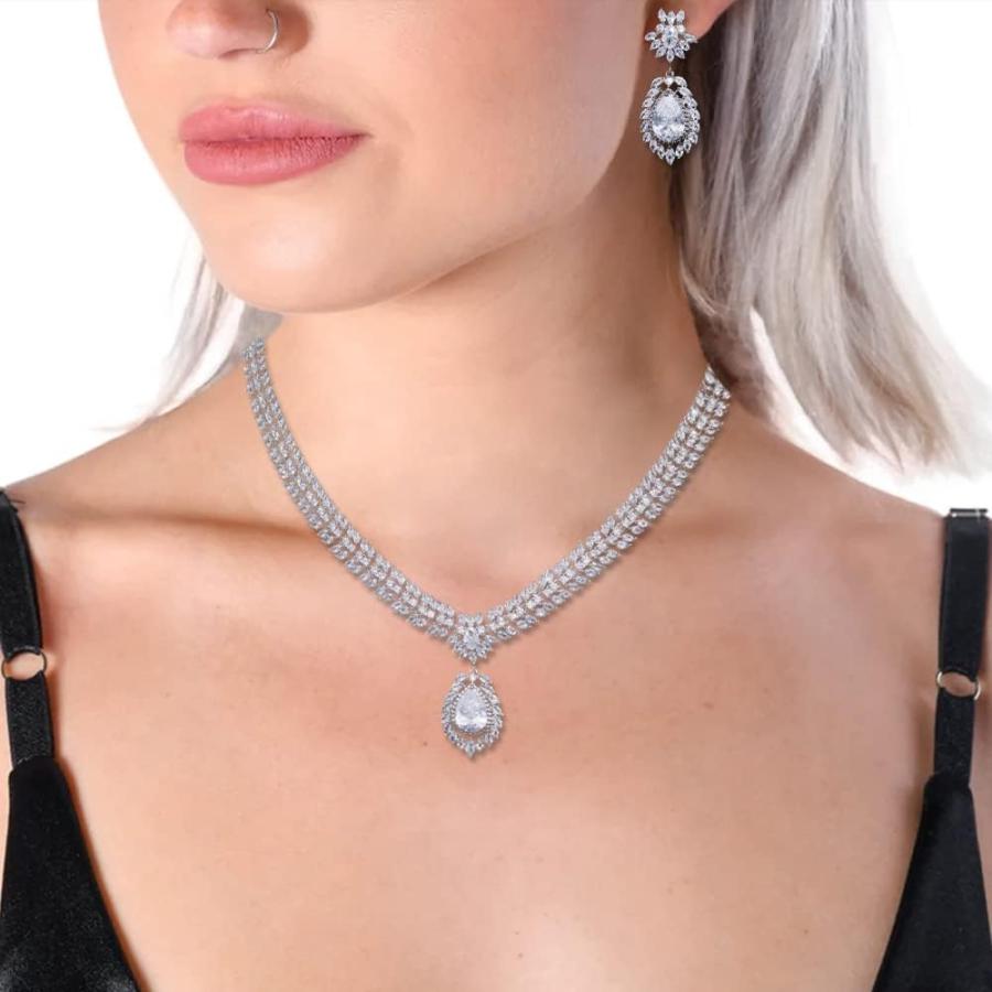 【並行輸入品】Jorsnovs CZ Teardrop Silver Necklace Earrings for Bride Jewelry Set_1