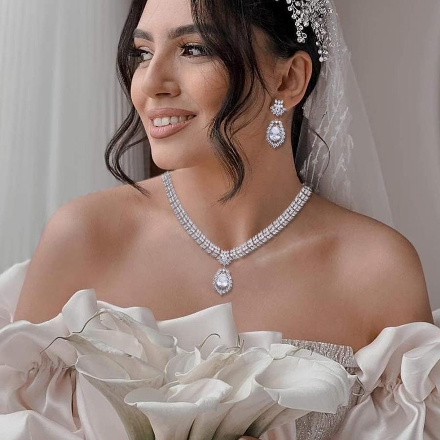 【並行輸入品】Jorsnovs CZ Teardrop Silver Necklace Earrings for Bride Jewelry Set_2