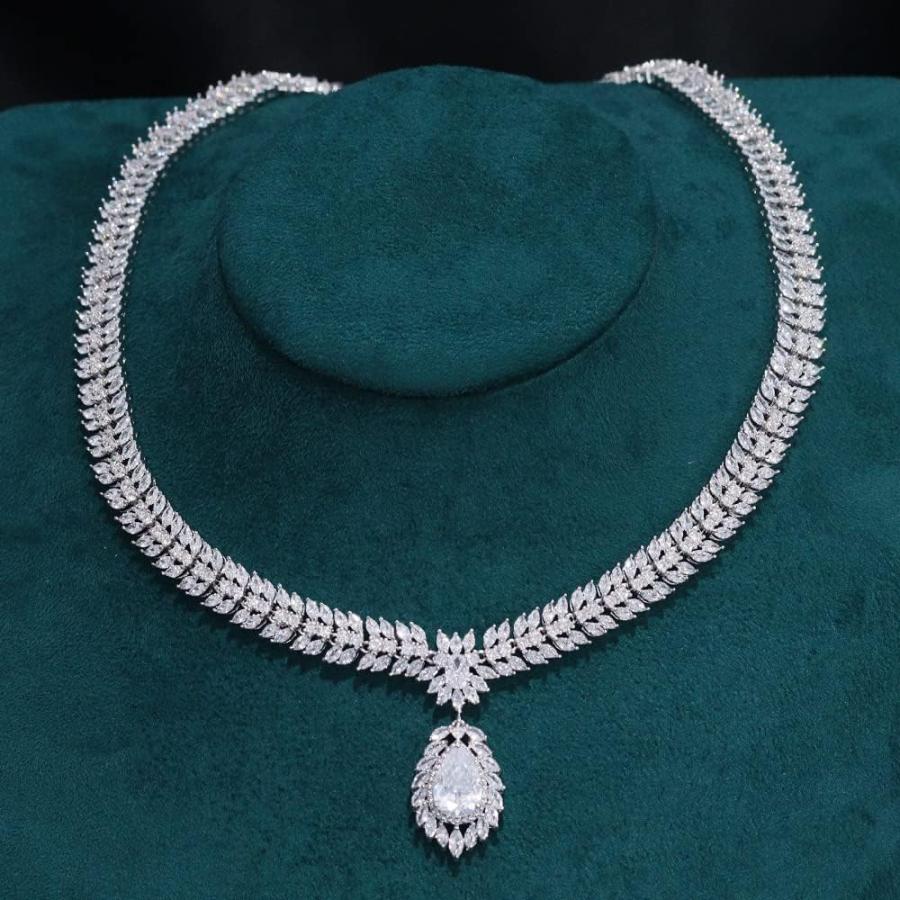 【並行輸入品】Jorsnovs CZ Teardrop Silver Necklace Earrings for Bride Jewelry Set_5